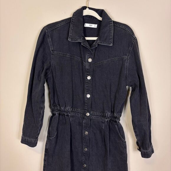 MNG Mango Black Collared Button Front Long Sleeve Denim Dress US 8 - Picture 3 of 7